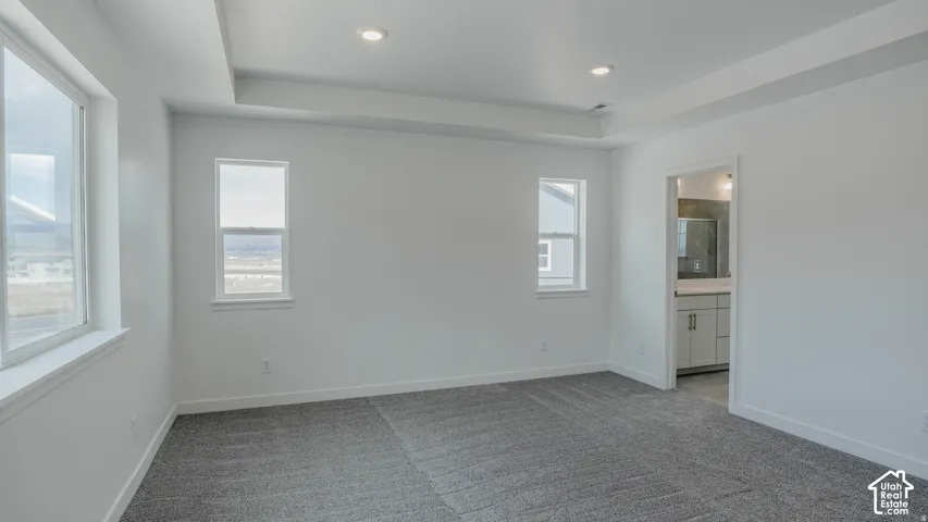 Spacious room featuring a tray ceiling with recessed lighting, gray carpet flooring, multiple windows, and direct access to a bathroom with a vanity