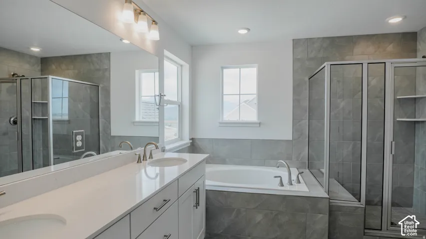 Dual sink vanity with white countertop