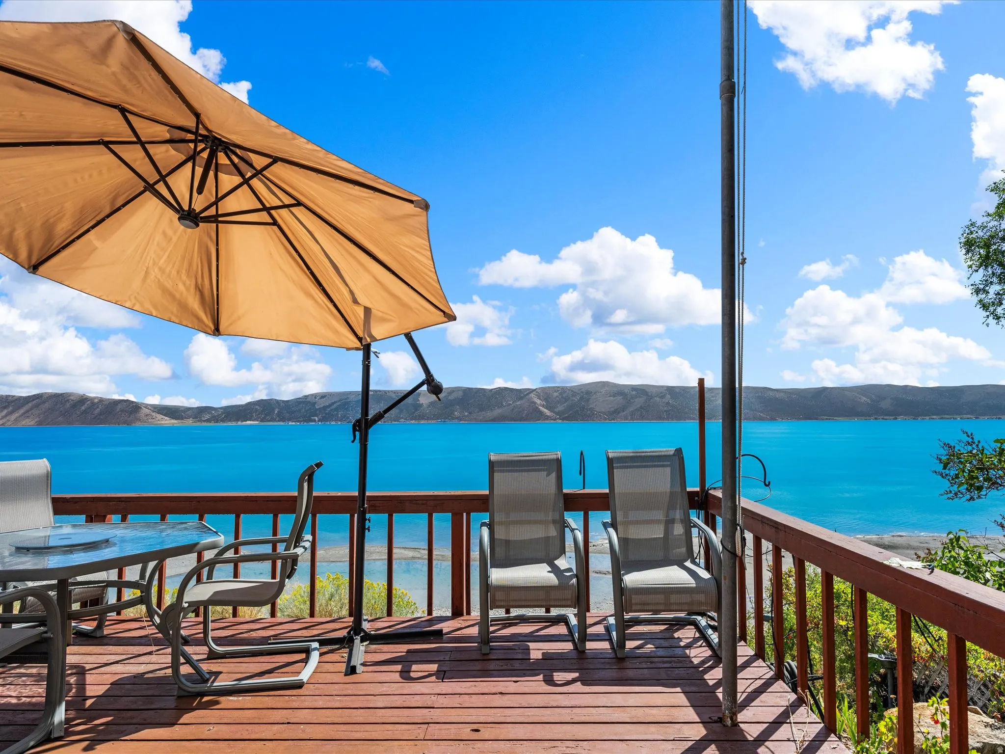 Wood-finish deck with a perimeter railing