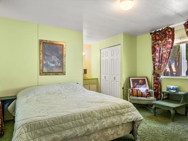 Light green wall paneling, ceiling-mounted light fixture, bi-fold closet doors, and large window