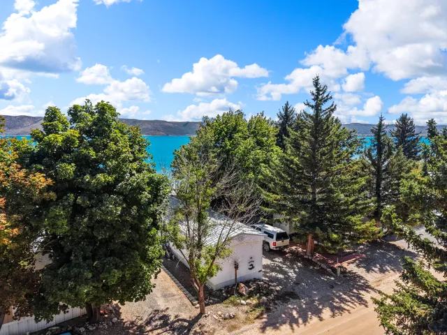 Lakefront property with mature trees and a gravel driveway