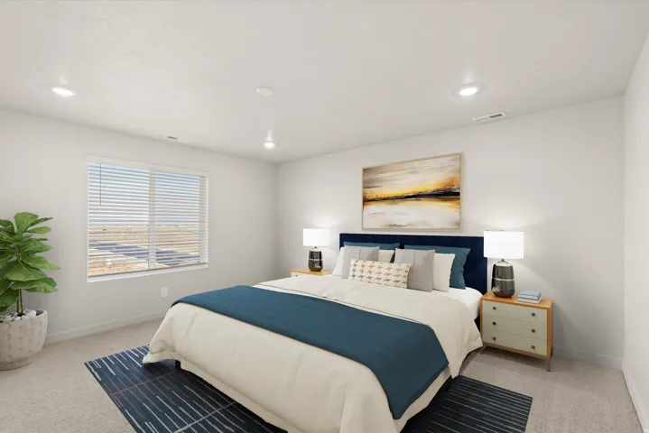 Recessed lighting, large window with blinds, carpeted flooring, and light-toned walls
