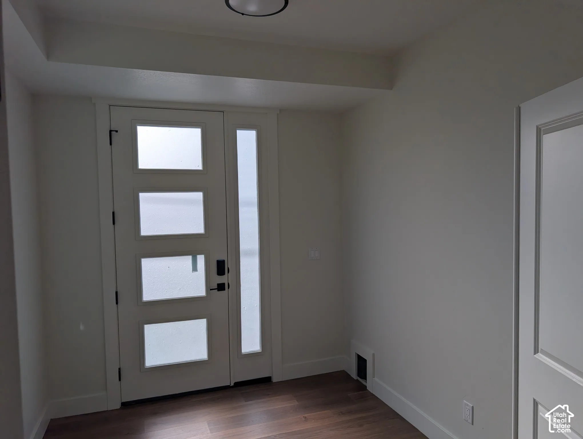 Entryway featuring a modern frosted glass entry door with a matching sidelight, wood-finish flooring, and white trim