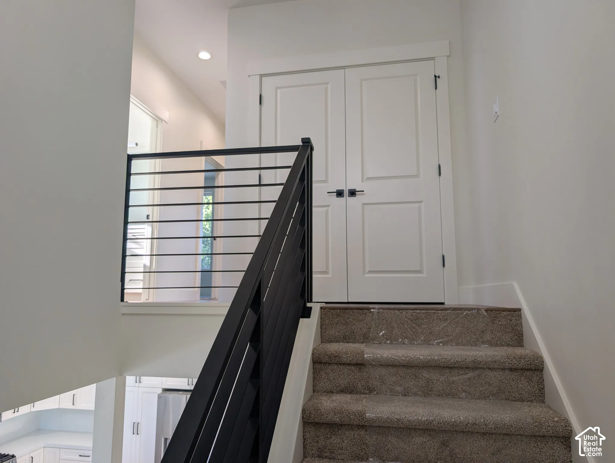 Carpeted staircase featuring a contemporary black metal railing and white paneled doors