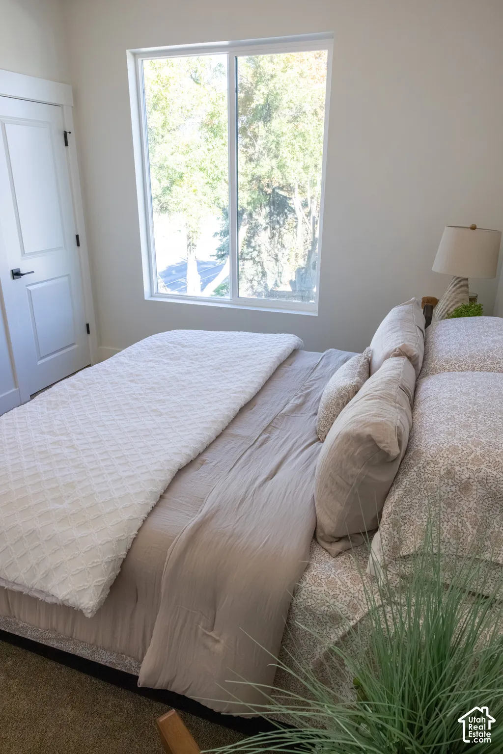 Neutral-toned room featuring a sliding window, shaker-style interior door, and carpeted flooring