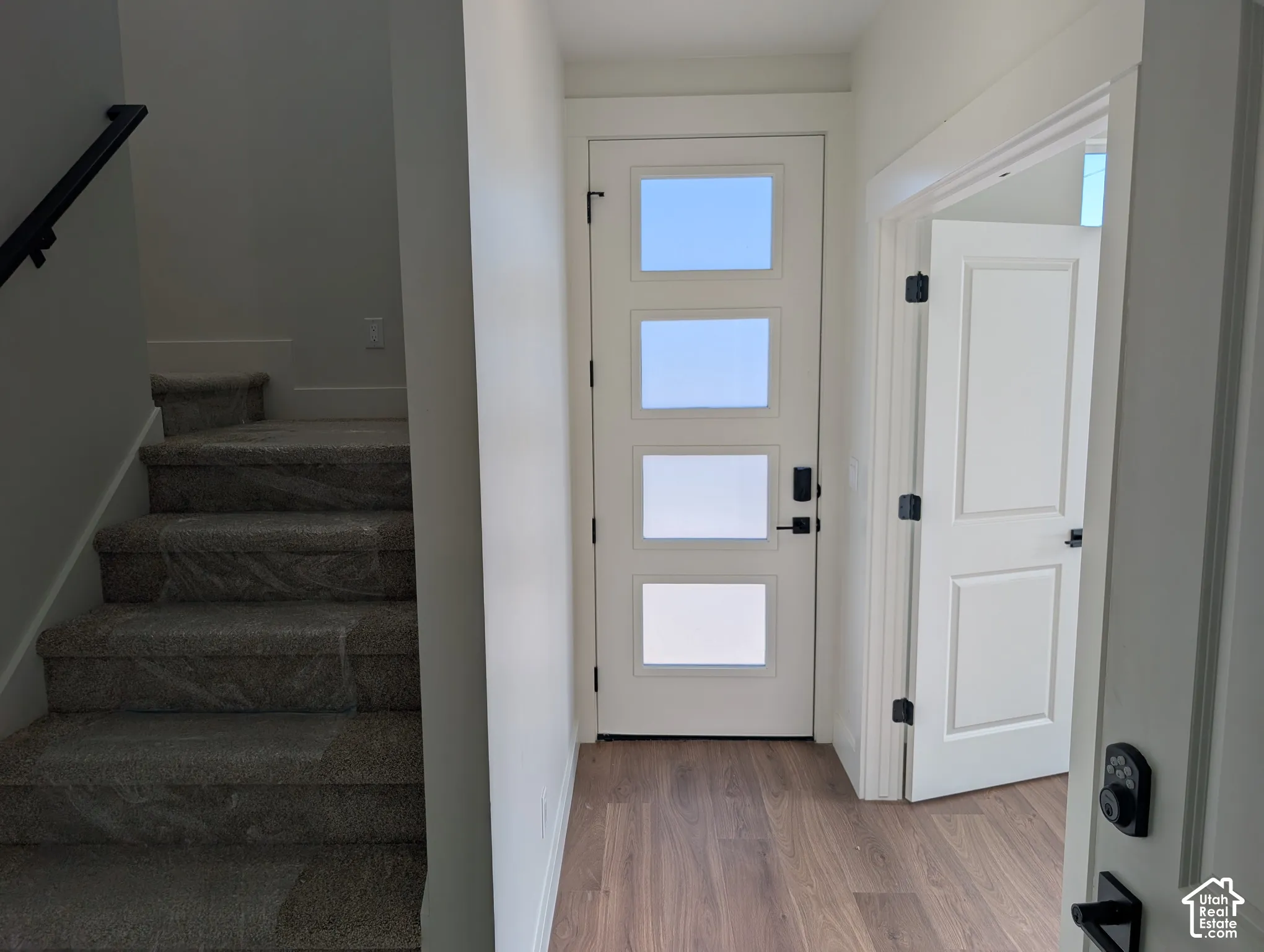 Wood-finish flooring, white paneled interior doors, and a front entry door with privacy glass