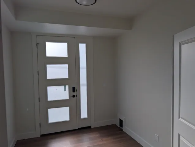 Entryway featuring a modern frosted glass entry door with a matching sidelight, wood-finish flooring, and white trim