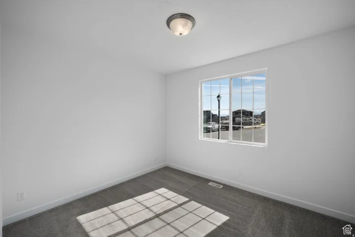 Neutral wall color, gray carpet, single window with grid pattern, flush mount ceiling light fixture
