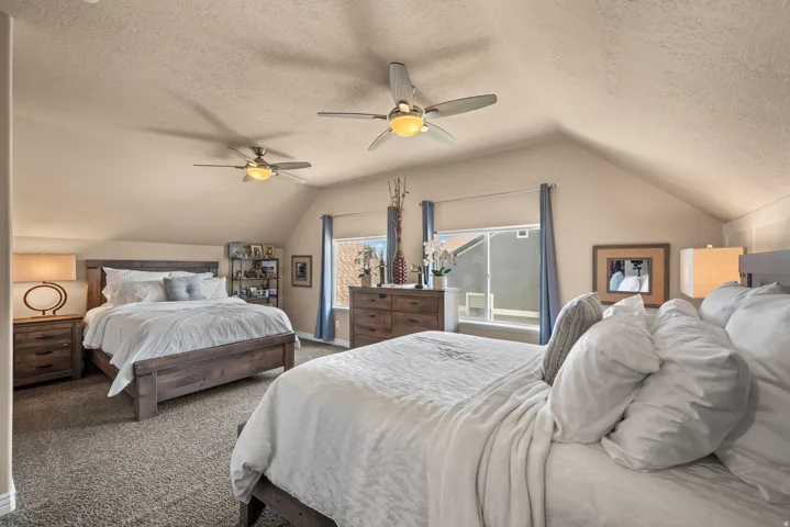 Vaulted ceilings with dual ceiling fans, carpeted flooring, and windows with roller shades