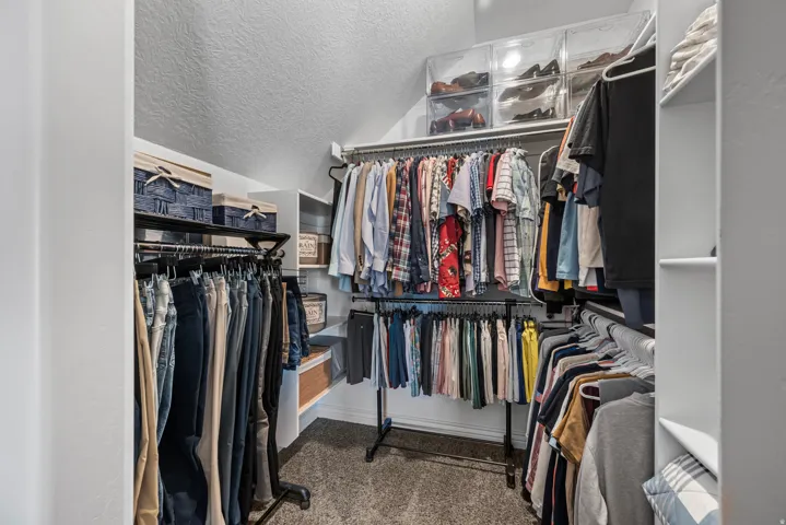 Walk-in closet featuring carpeted flooring and multiple clothing rods