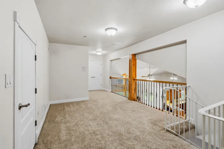 Carpeted landing with white walls, multiple interior doors, and flush-mount ceiling lights