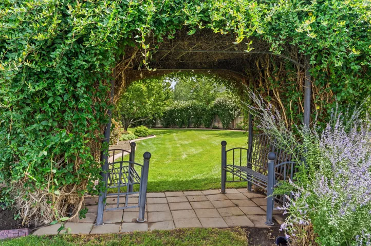 Vined pergola entry to a landscaped lawn with mature trees and perimeter hedging