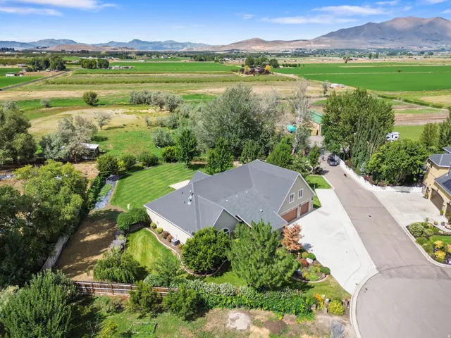 Expansive property featuring a private driveway, mature landscaping, manicured lawn, and mountain backdrop