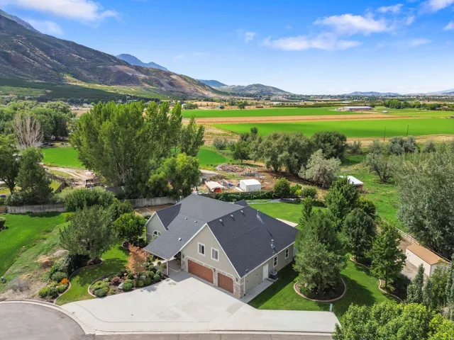Expansive property featuring a two-story residence with a dark shingle roof, two wood-finish garage doors, a concrete driveway, and landscaped grounds with mature trees