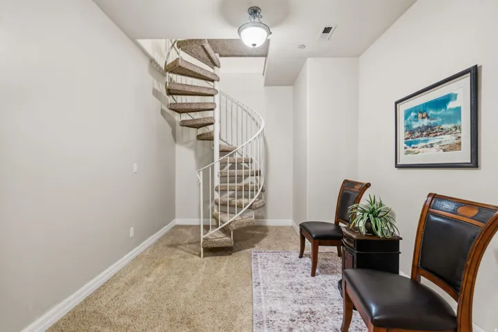 Spiral staircase with carpeted treads