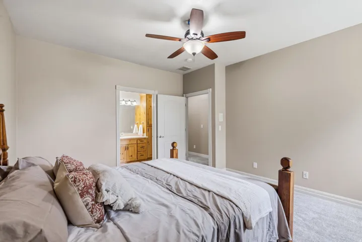 Plush carpeting, ceiling fan with integrated lighting, and an adjacent bathroom featuring wood-finish cabinetry and a vanity mirror with sconce lighting