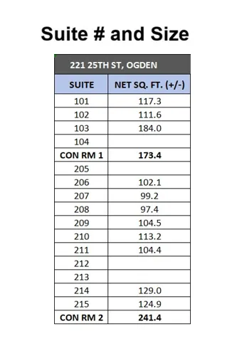 Property Data Table. Listing individual suite numbers and corresponding net square footage for the property