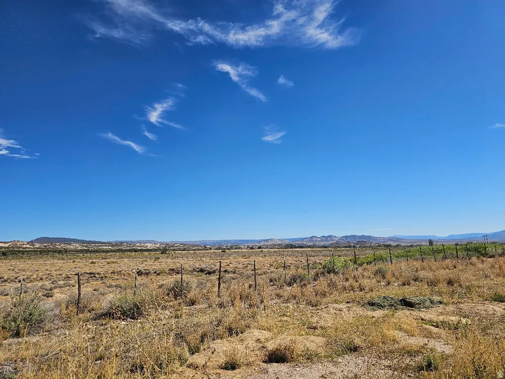 Expansive open land with a distant mountain range and clear skies