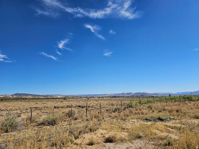 Expansive open land with a distant mountain range and clear skies