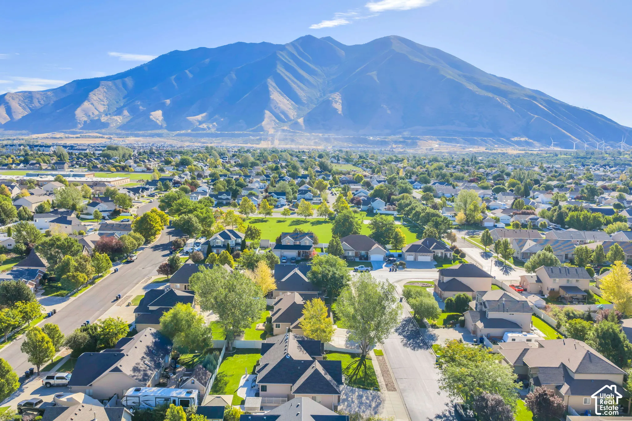 Expansive mountain backdrop with a residential neighborhood featuring established trees, paved streets, and a central green space