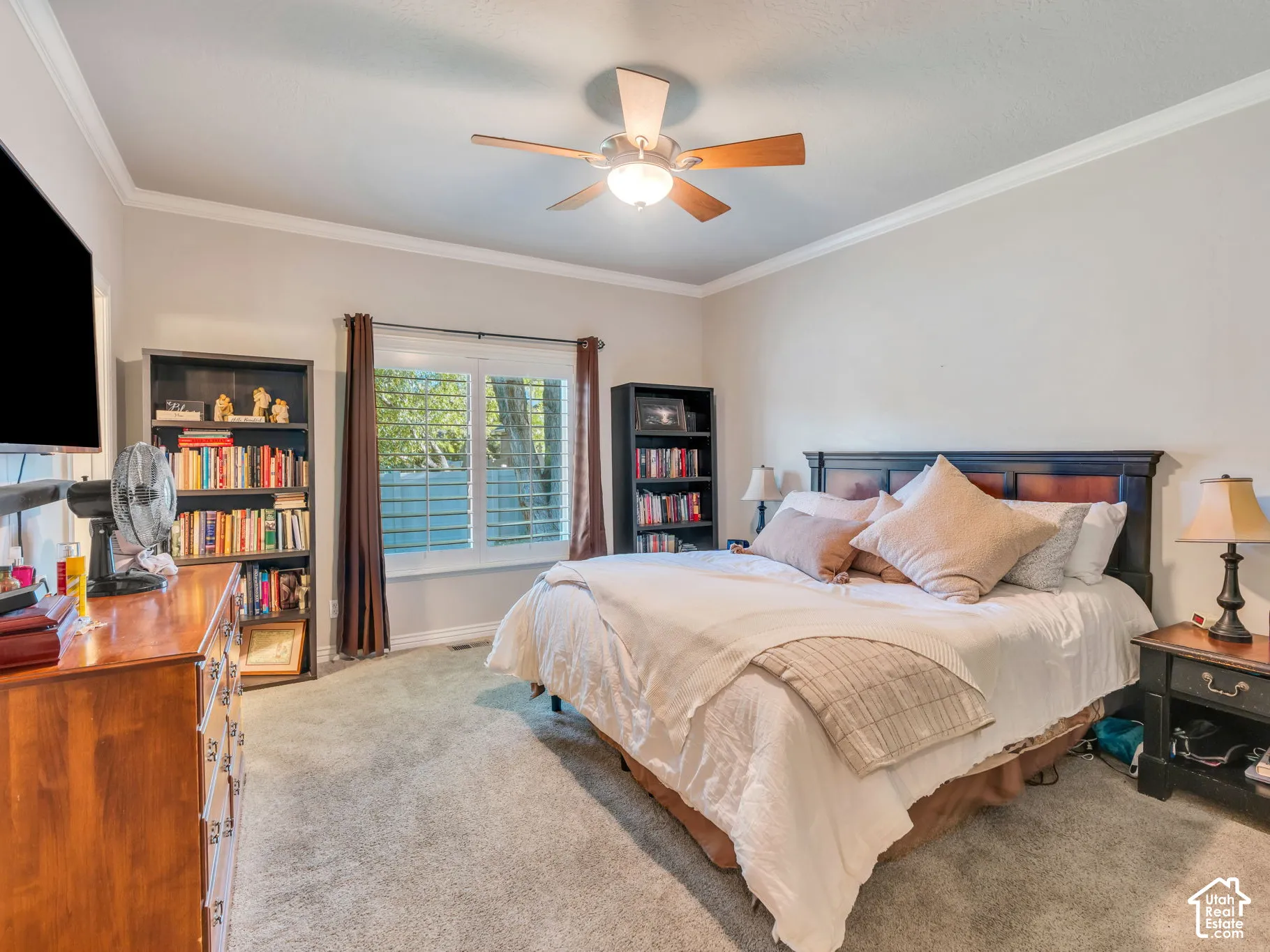 Crown molding, ceiling fan with integrated lighting, window with plantation shutters, carpeted flooring