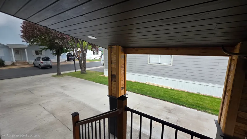 Covered porch featuring wood-finish ceiling, wood posts, and black metal railings