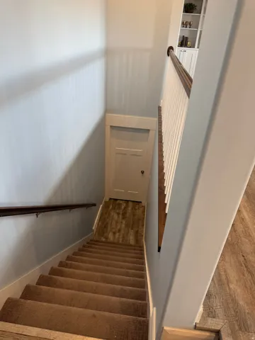 Carpeted staircase with Vinyl flooring landing