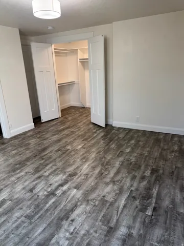 Vinyl flooring, white walls, built-in closet shelving, and a ceiling-mounted light fixture