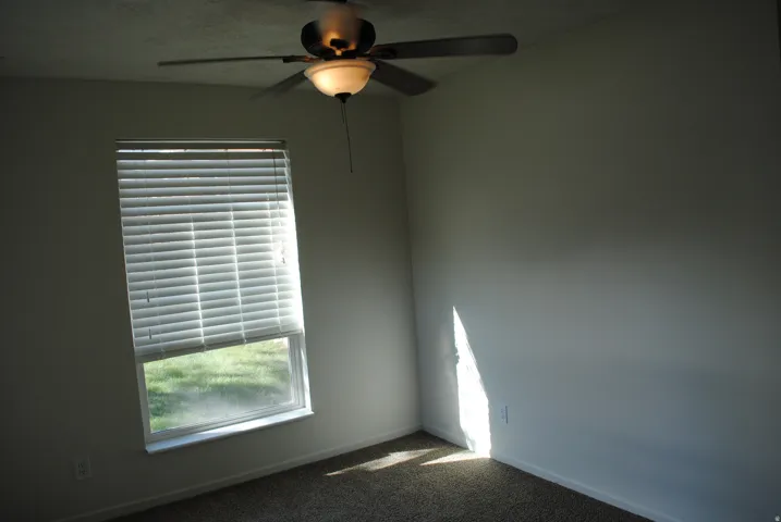 Recessed window with horizontal blinds, overhead ceiling fan with integrated lighting, and carpeted flooring