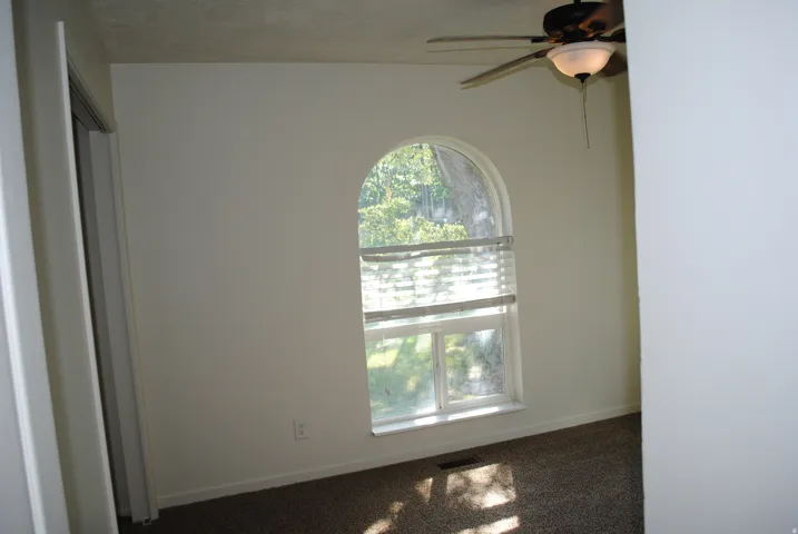 Arched window with window treatments, ceiling fan with integrated lighting, and neutral carpeting