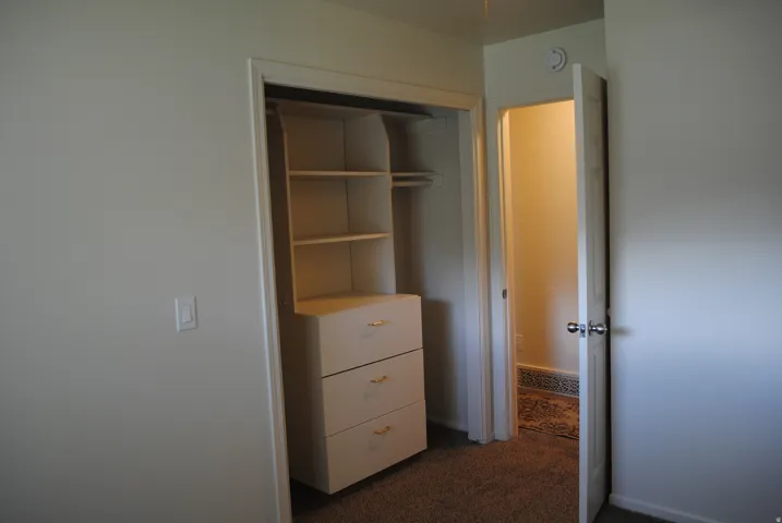 Built-in closet shelving, three-drawer dresser, and hanging rod