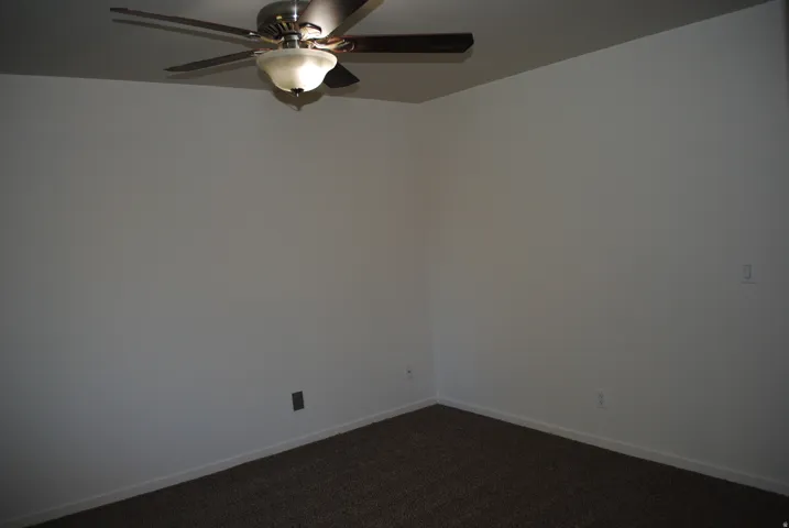 Ceiling fan with light fixture, neutral wall finishes, and carpeted flooring