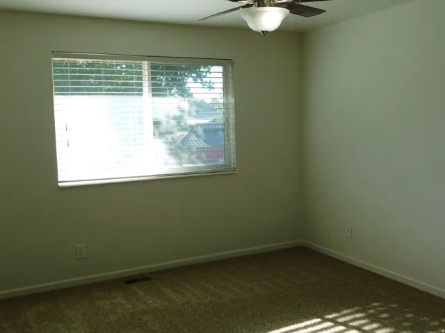 Carpeted room featuring a ceiling fan with integrated lighting and a window with blinds