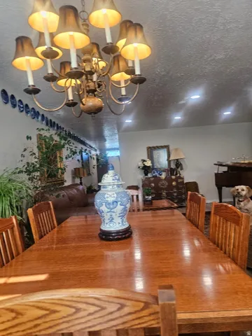 Expansive dining area featuring a wood-finish table with coordinating chairs