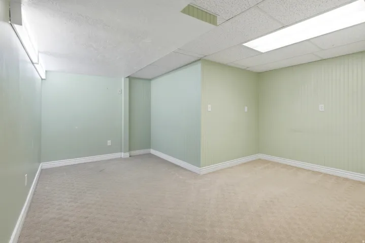 Recessed lighting fixture, textured ceiling, light green walls, light beige carpet, white baseboards