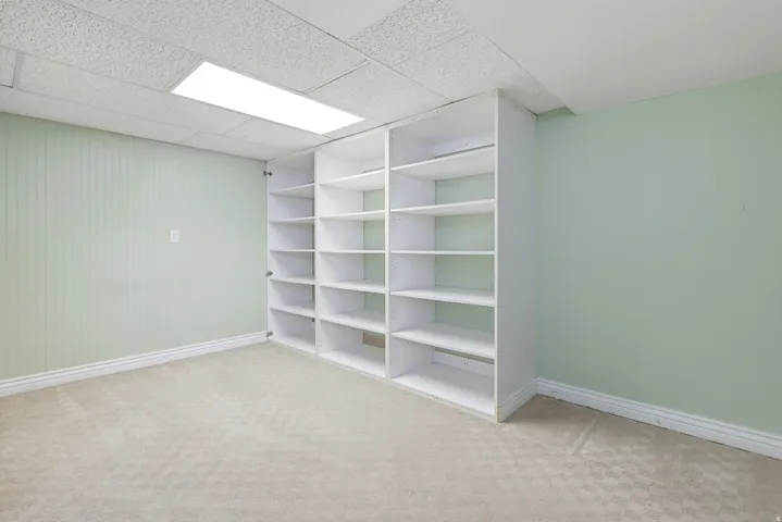 Built-in shelving unit, neutral-toned carpeting, acoustic panel ceiling, and recessed lighting fixture