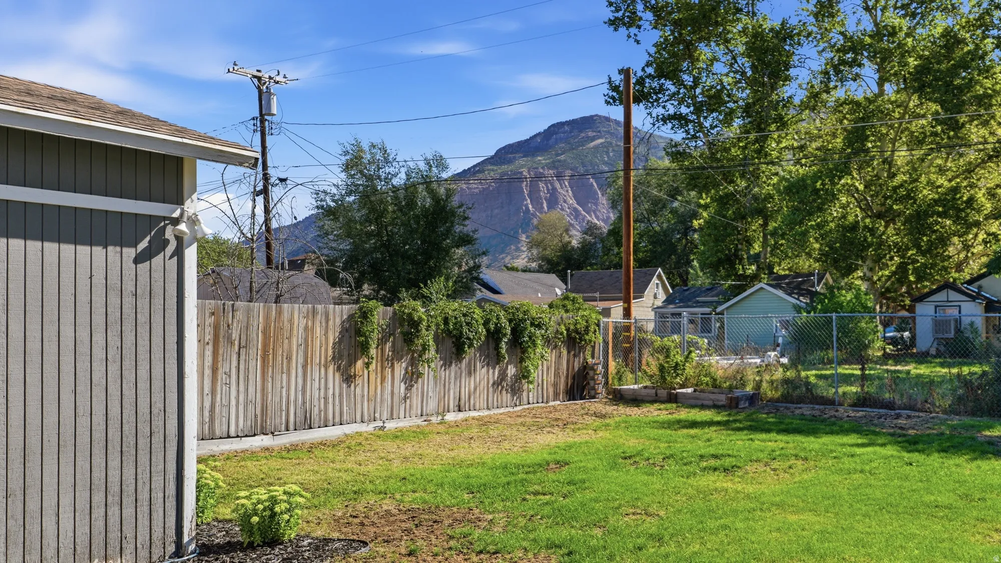 Grassy yard with a wooden privacy fence, chain-link fence, and raised garden beds