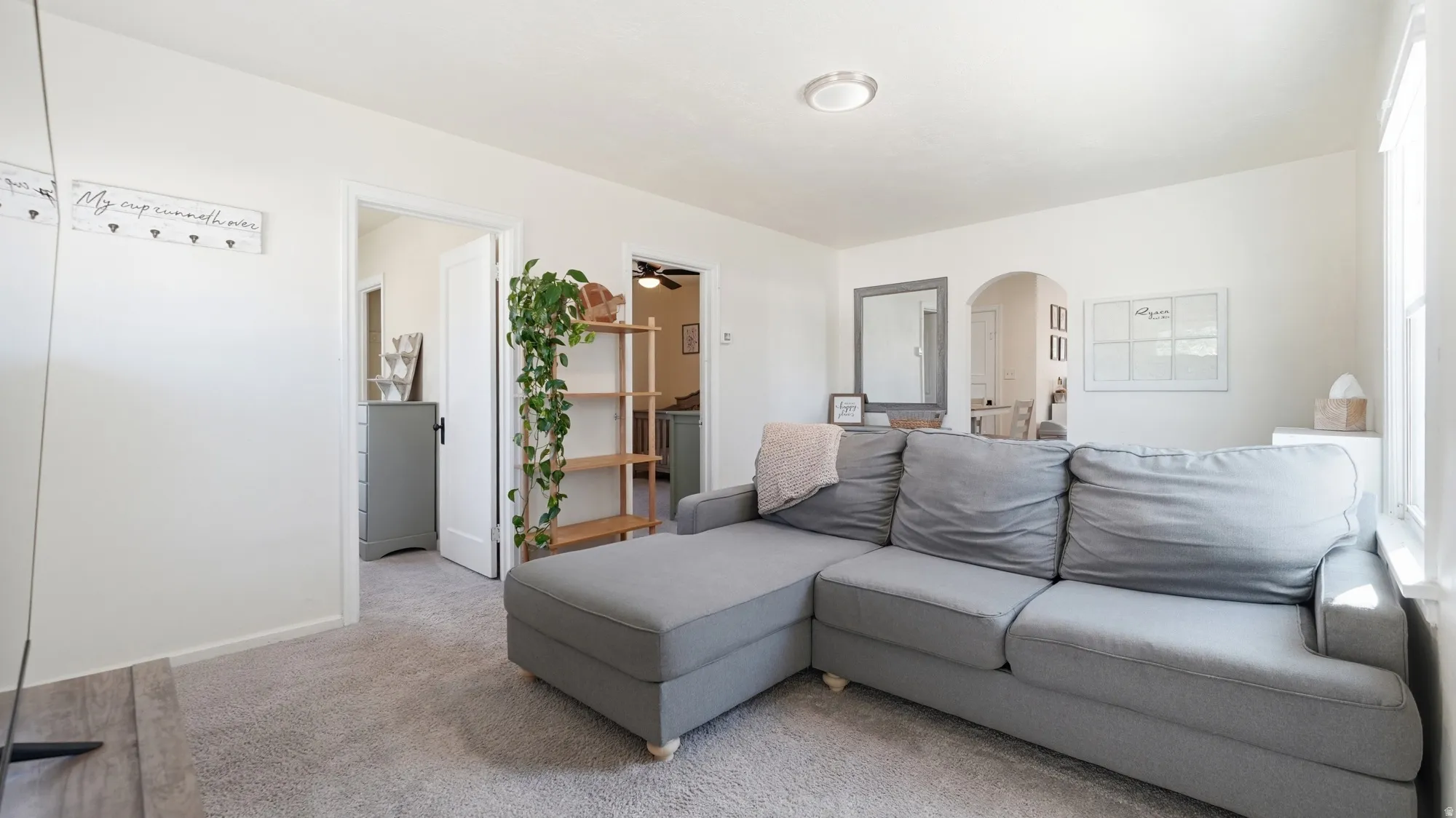 Crisp white wall finishes throughout, complemented by light gray carpeting