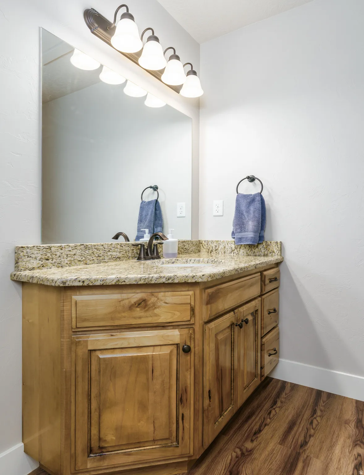 Wood-finish flooring, wood cabinetry with multiple storage options, granite countertop, undermount sink, and a large wall-mounted mirror