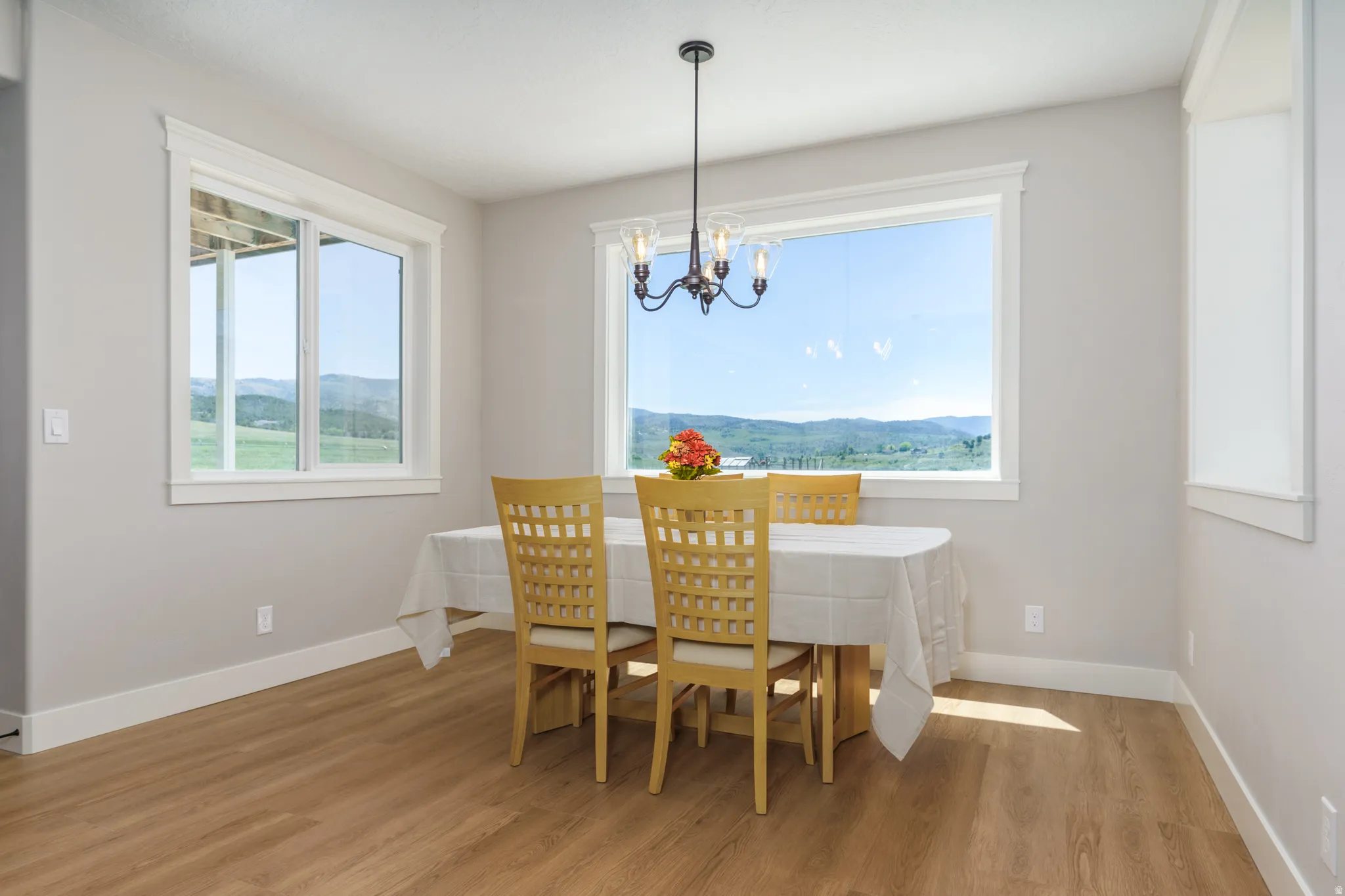 Spacious room with wood-finish flooring, light grey wall paint, and white trim