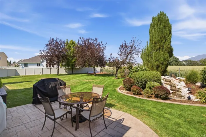 Expansive lawn with a stamped concrete patio, mature landscaping, and a decorative rock water feature