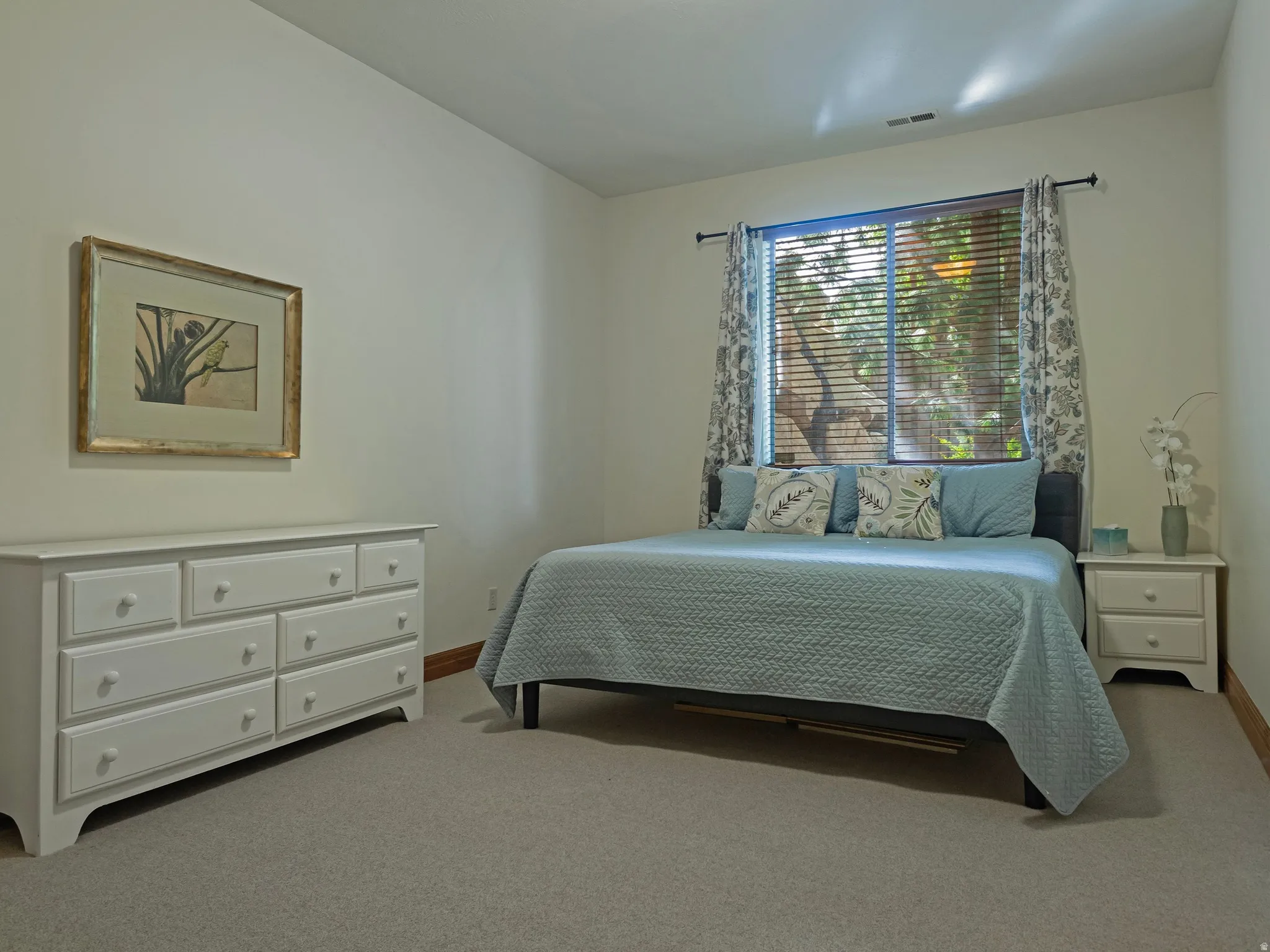 Window with blinds and patterned drapes, neutral wall color, and carpeted flooring