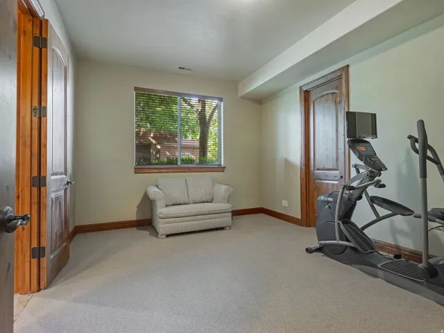 Carpeted room with a window featuring blinds, two wood-finish doors, and wood-finish trim