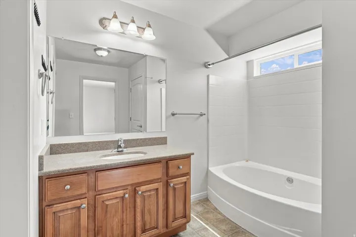 Vanity with wood cabinetry, single basin sink, and ample countertop space