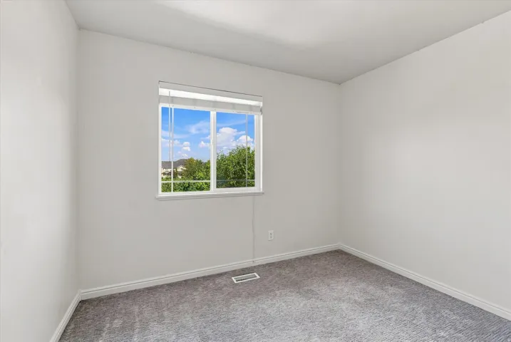 Light gray wall-to-wall carpeting with white trim, a large window, and white walls