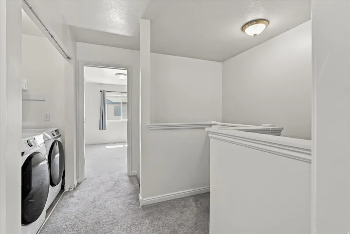 Integrated laundry area with built-in shelving, durable carpeting, and a flush-mount ceiling light fixture