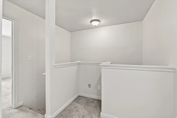 Neutral wall paint throughout, carpeted flooring, decorative wall trim, and a ceiling-mounted light fixture