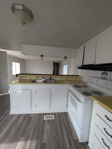 Kitchen featuring white cabinetry, a double basin sink, electric range, and wood-finish flooring