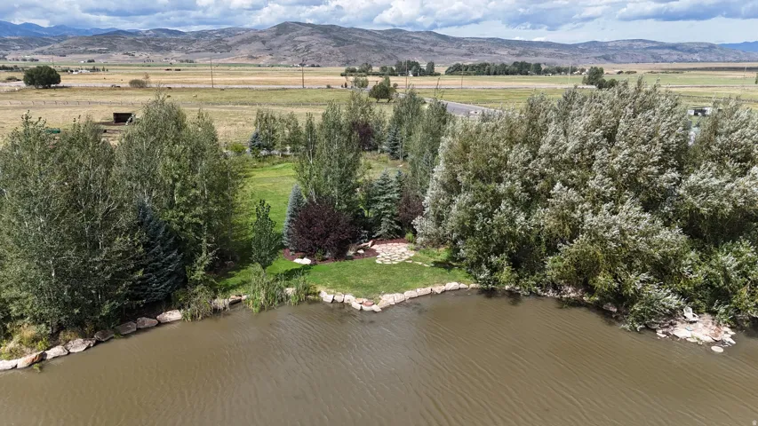 Expansive natural pond with stone edging, bordered by varied mature trees and a manicured lawn