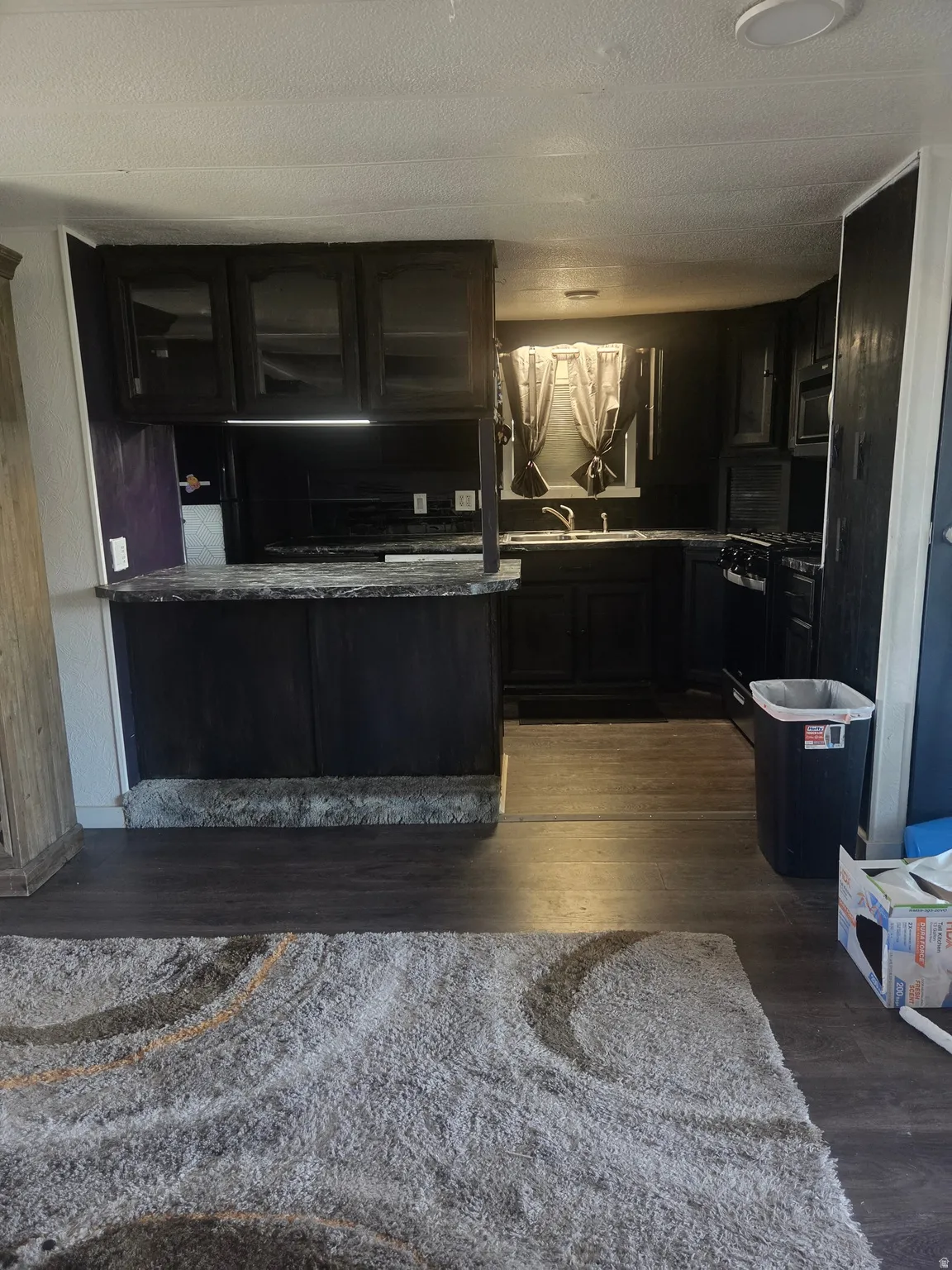 Kitchen featuring dark cabinetry, dark countertops, dark wood-finish flooring, and a built-in microwave
